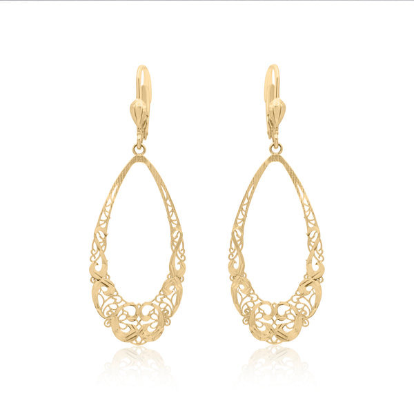 14k Yellow Gold Open Teardrop Filigree Leverback