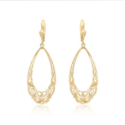 14k Yellow Gold Open Teardrop Filigree Leverback