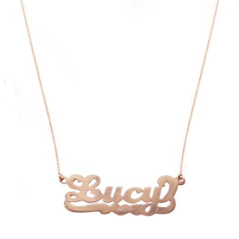 Rose Gold Nameplate Necklace, 70's font with tail and heart